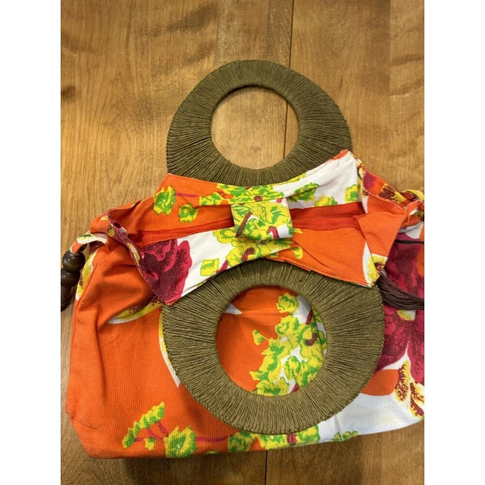 ICING Women's Orange Floral Design wooden tassels Tropical Handbag Purse
